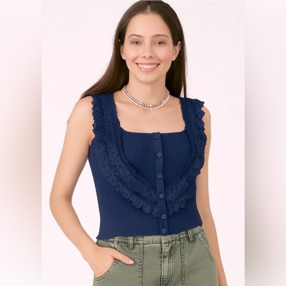 Flint & Moss Navy Blue Sleeveless Lace Faux Button Front Square Neck Top Small - Picture 3 of 6